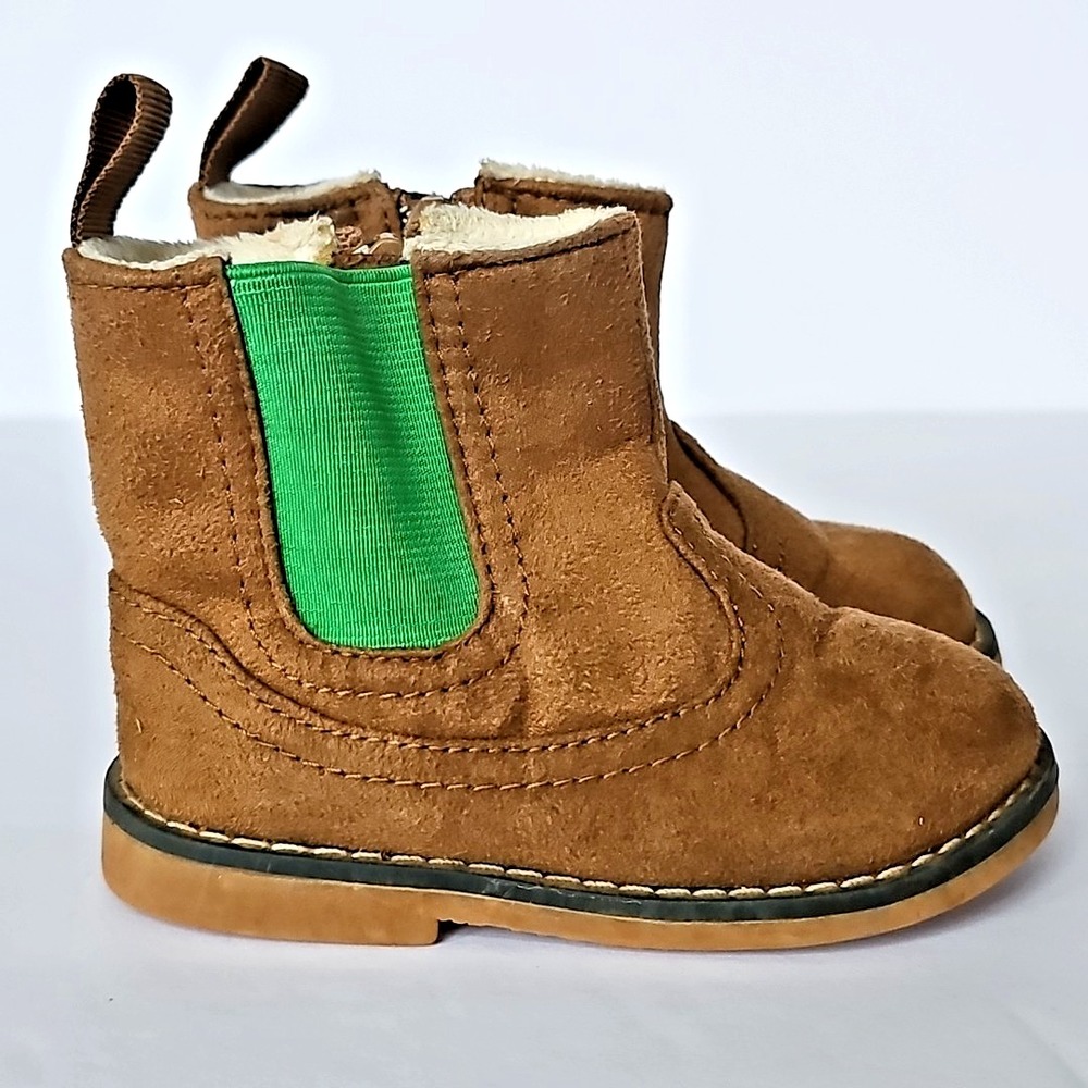 H & M‎ Kids Brown Suede Zip Up Faux Fur Lined Ankle Boots Sz 4 Green Sides 1846
